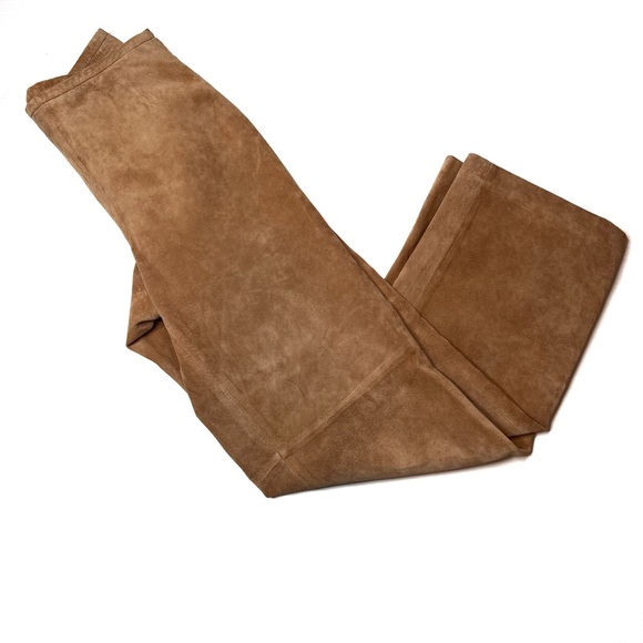 Tan Camel Genuine Suede Leather Straight Leg Pants 4 - Picture 4 of 7